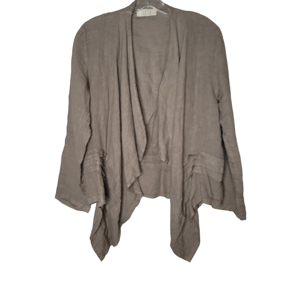 SAGA Womens Blazer Cardigan Linen Long Sleeve Lightweight Open Front Gray Med Lg